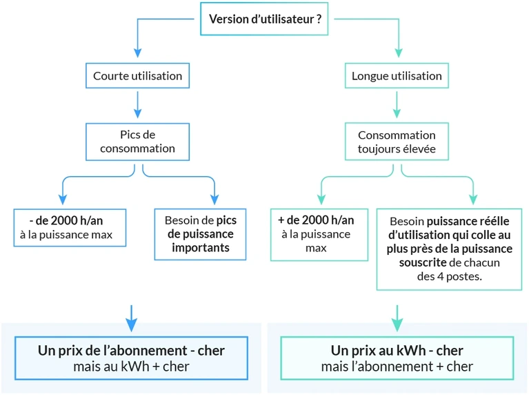 Version d'utilisateur : Courte utilisation pics de consommation moins de 2000 h/an à la puissance max OU besoin de pics de puissance importants DONC un prix de l'abonnement moins cher mais au kWh plus cher, longue utilisation consommation toujours élevée plus de 2000 h/an à la puissance max OU besoin puissance réelle d'utilisation qui colle au plus près de la puissance souscrite de chacun des 4 postes donc un prix au kWh moins cher mais l'abonnement plus cher