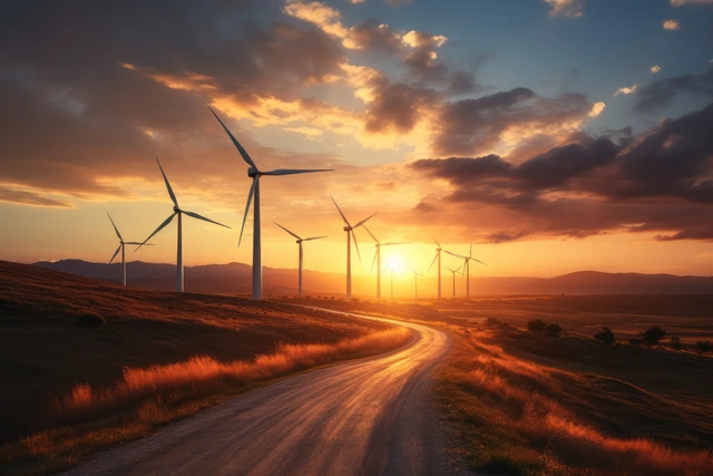 champ d'éoliennes sous un couché de soleil